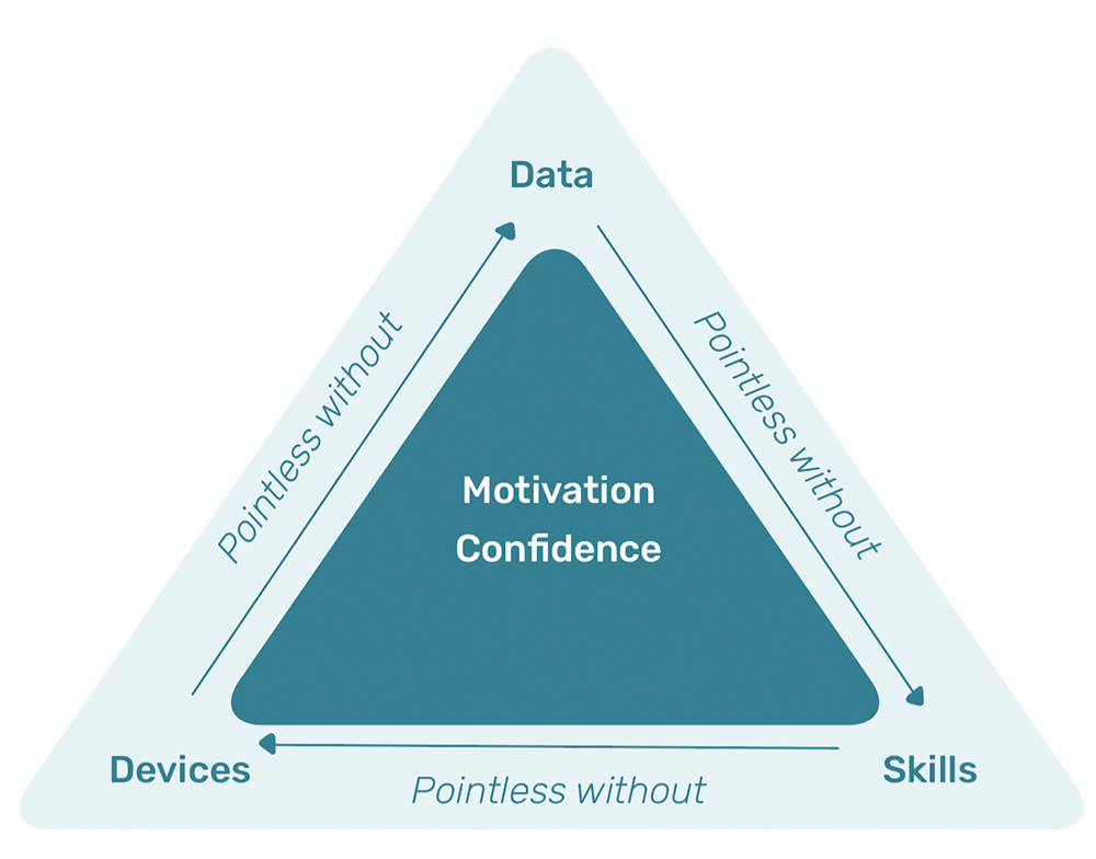 "The Pointless Triangle" diagram argues that data connectivity is pointless without skills, which are pointless without devices, which are pointless without data. Underpinning these are broader issues of motivation and confidence