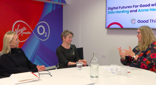 Good Things CEO Helen Milner sits with Baroness Dido Harding and Baroness Anna Healy in front of a Virgin Media O2 sign